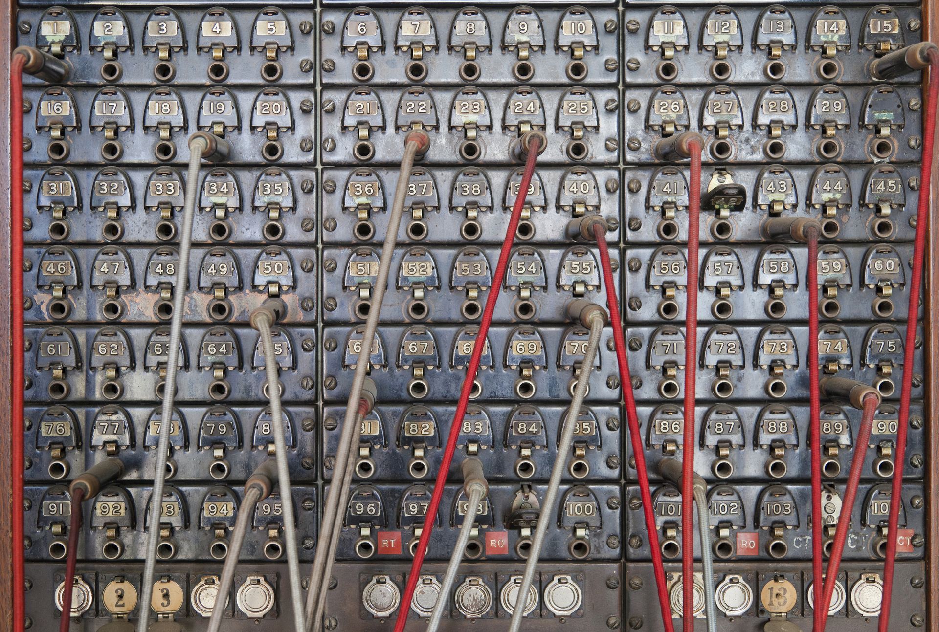 A vintage telephone switchboard: every line, one connection