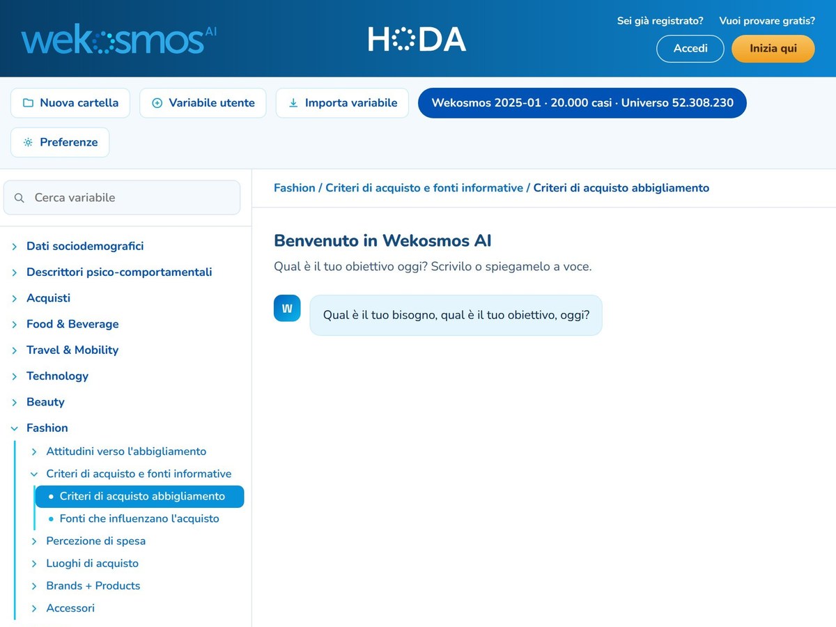 Wekosmos AI — l’albero delle variabili accanto alla conversazione
