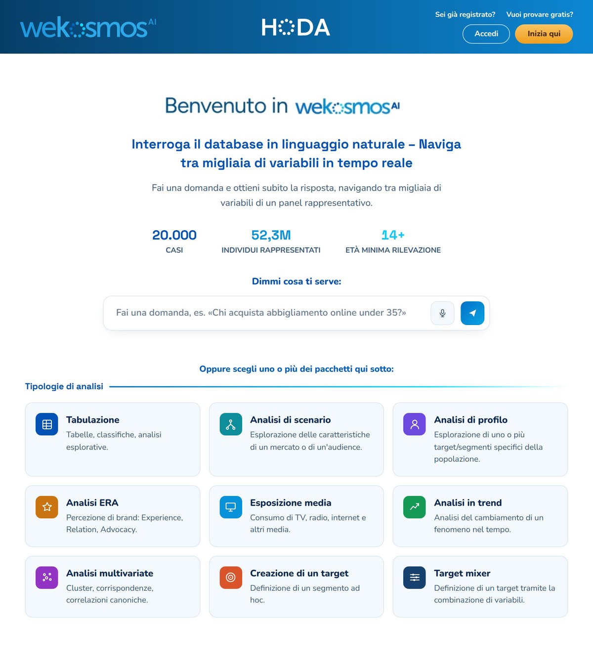 Wekosmos AI — la pagina di apertura con le tipologie di analisi pronte